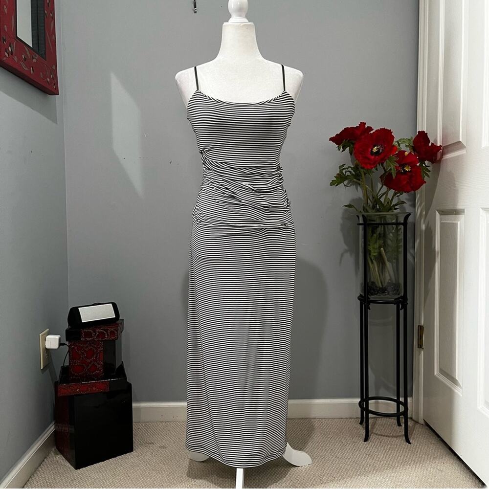 NEW MSSP Striped Olive Ruched Gathered Adjustable Fitted Longline Maxi Dress XS